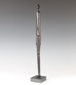 After Giacometti, a bronze figure of a standing gentleman raised on a square marble base 39cm x 6cm x 6cm 