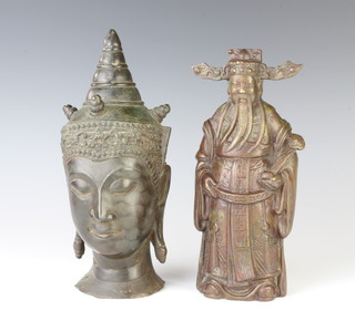 A bronze head and shoulders portrait bust of a Buddha 23cm x 8cm together with a Chinese bronze figure of a sage 24cm h 