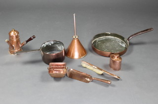 A copper side handled coffee pot, a copper saucepan with iron handle, a copper frying pan with iron handle, a copper and steel beer barrel funnel, a rectangular copper twin handled planter, a copper crumb scoop and brush together with Joseph Sankey an oval planished copper tea caddy  10cm x 9cm x 6cm 