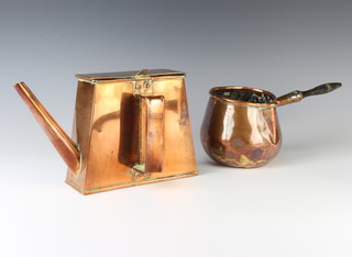 An 18th/19th Century copper side handled brandy saucepan 10cm h x 10cm diam. (some dents) and a 19th Century side handled copper boat kettle 14cm x 18cm x 6cm 
