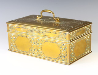 A rectangular Persian polished brass trinket box with hinged lid the interior fitted a tray 11cm x 28cm x 16cm 