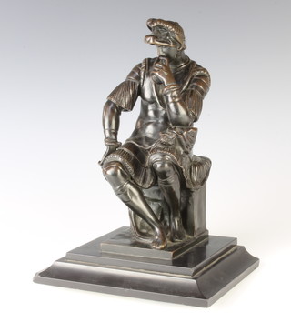 A Victorian bronze figure of a seated classical gentleman raised on a stepped black marble base 29cm x 13cm x 15cm