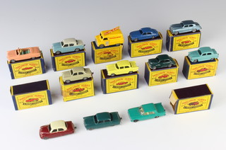 9 Matchbox Series model cars - 30, 36, 39, 42, 43, 44, 45, 46 and 65, all boxed together with 2 empty boxes 22 and 37 (damage to the flap on 37) and 3 unboxed Lesney vehicles 33 x 2 and 1 unnumbered 