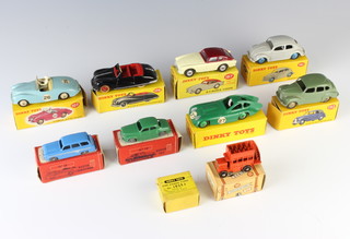 6 Dinky Toys model cars 106 Austin Atlantic convertible, 107 Sunbeam Alpine Sports, 152 Austin Devon saloon, 163 Bristol 450 coupe, 167 AC Cobra coupe and 181 Volkswagen,  2 Esso model cars  no.15 Austin Countryman and 19 Rover 105, a Charbens miniature series model no.3 Old Bill Bus  and 1 dozen Dinky Toys tyres no.10 25 3, boxed 