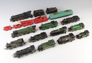 A Jouef diesel locomotive and a Mainline tank engine, 7 other tank engines, 4 locomotives (tender missing) and a Hornby OO trackside crane 