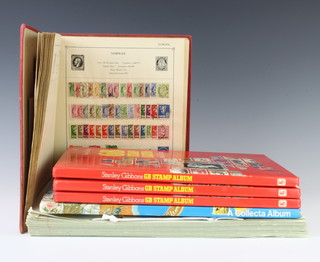A red Standard stamp album containing a collection of world stamps - Egypt, Africa, Asia, Europe, 3 Stanley Gibbons GB stamp albums containing Elizabeth II stamps, a Trans stamps album, a loose leaf album of used stamps Edward VIII to Elizabeth II and  together with 14 sixpences 