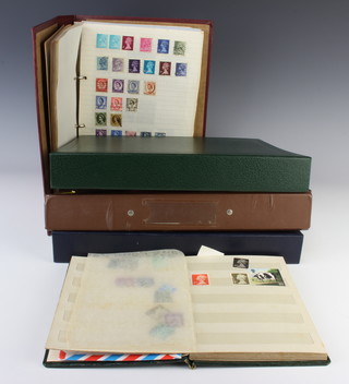 A small green stock book of world stamps, an Ace Britannic album of used world stamps - GB, France, Czechoslovakia, Australia, a loose leaf ring binder of world stamps - Australia, British Colombia, Canada, France, Germany , GB, Netherlands, Spain and 2 Atlas stamp albums 