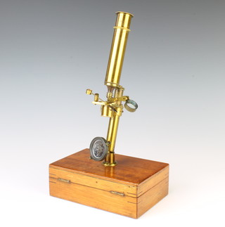A student's 19th Century "brass" single draw  field microscope (1 slide clip damaged)