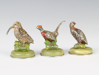 A set of 3 Art Deco painted metal and onyx place name holders in the form of a cock pheasant, grouse and snipe 4cm x 3cm 
