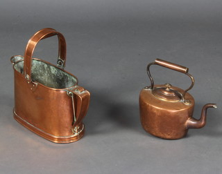 A Victorian oval copper kettle 13cm x 20cm together with an oval copper water carrier 20cm x 38cm x 12cm 