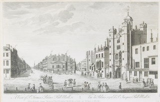 T Bowles, engraving, view of St James's Palace Palmall 27cm x 41cm 