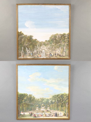19th Century pen and wash studies, extensive Continental formal garden landscapes with figures at pursuits 48cm x 46cm 