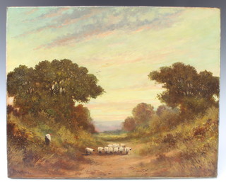 P S Rodgers, 19th Century oil on canvas, signed to the bottom left hand corner, rural scene with figure driving sheep, unframed, 41cm x 51cm