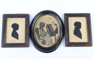 A 19th Century oval silhouette picture of a young lady playing a piano forte 5cm x 9cm, 2 ditto portraits of children 9cm x 7cm 