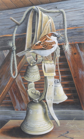 Richard W Orr, acrylic, signed, a Swiss Sparrow sitting amongst bells 38cm x 22cm 