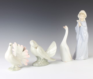 A Lladro figure of a goose 19cm, a Nao figure of a nun 28cm and 2 doves
