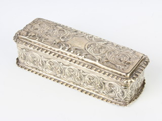 An Edwardian repousse silver rectangular trinket box decorated with scrolls and flowers Birmingham 1902, maker W Hutton & Sons Ltd 98 grams, 13cm 