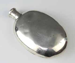A silver hip flask with engraved crest, 80 grams, 12cm 