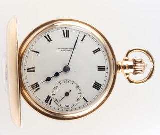 A 9ct yellow gold half hunter pocket watch the dial inscribed Robertson London with seconds at 6 o'clock, contained in a 49mm case