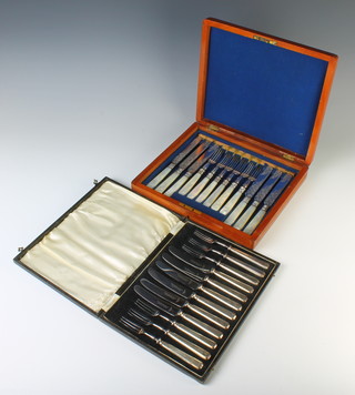 A set of silver plated dessert eaters with mother of pearl handles and 6 plated cased ditto 