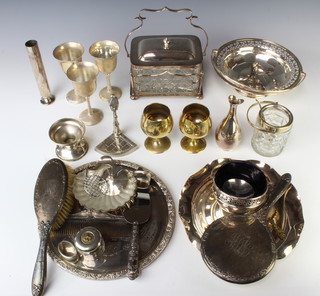 An Edwardian silver plated mounted cut glass biscuit barrel and a quantity of plated items 
