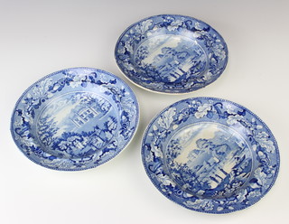 Three 19th Century Lampton Fall transfer print bowls decorated with figures before country houses  25cm 