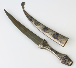 An Egyptian niello silver dagger decorated with dowels and buildings 35cm 