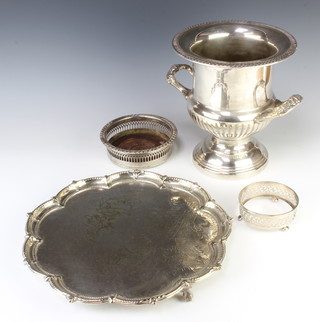 A silver plated demi-fluted 2 handled champagne cooler, tray, stand and coaster 