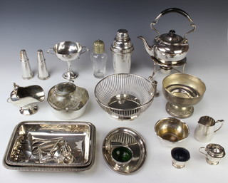 A silver plated cocktail shaker, entree, tea kettle on stand and minor plated items 