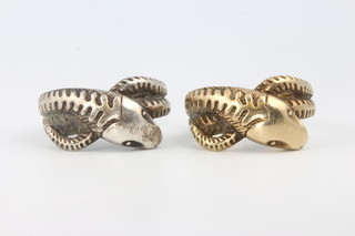 A gentleman's 9ct yellow gold ring in the form of a snake, size T 1/2 together with a silver ditto size T 
