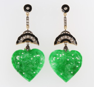 A pair of yellow gold jade, diamond and black enamelled Art Deco style ear drops 