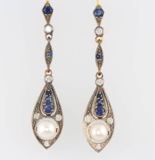A pair of Edwardian style diamond, seed pearl and sapphire ear drops