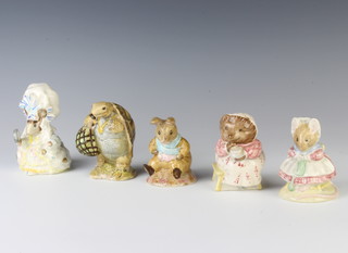 A Royal Albert  Beatrix Potter figure - Old Mr Bouncer 8cm, a ditto Mrs Ptolemy 7cm, a Beswick ditto Lady Mouse 9cm, Mrs Tiggy Winkle Takes Tea 9cm and The Old Woman Who Lived in a Shoe Knitting 8cm 