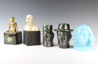 A Cheeky Tiki figural vase, 2 Studio Pottery figures and 2 jugs 