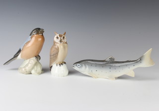 A Royal Copenhagen figure of a fish 20cm, ditto fledgling sparrow 6cm, ditto bullfinch 1909 12cm and a Bing and Grondahl figure of a barn owl 11cm