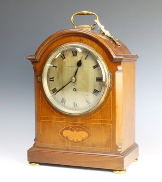 Barraud and Lunds, 41 Bishopsgate Street, Within, London EC, an Edwardian Georgian style fusee bracket timepiece, the 14cm silvered dial and the 14.5cm square brass back plate both marked Barraud and Lunds London 8 1883, contained in a mahogany case 