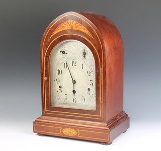 A German 8 day chiming bracket clock with arched silvered dial, strike/chime dial and slow/fast dial, contained in an inlaid mahogany lancet case 42cm h x 29cm w x 19cm d 