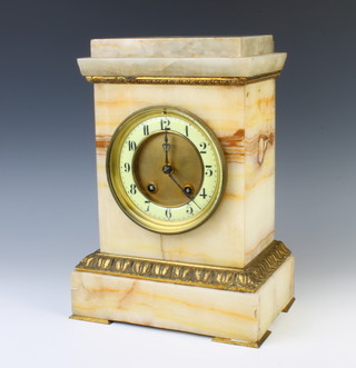A Japy Freres French 19th Century 8 day striking clock with enamelled dial and Arabic numerals contained in a white veined marble and gilt metal case 