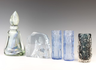 A Swedish Art Glass paperweight in the form of an owl sitting on a stump 15cm, a Studio Glass decanter and stopper, 2 Studio Glass vases and a Whitefriars style vase 
