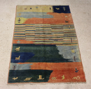 A tan, green and blue ground Gabbeh pictorial rug with scenes of figures and animals 230cm x 159cm 