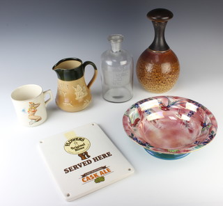 A Burleigh Ware bowl decorated with Kingfishers 26cm, a stoneware vase, an advertising plaque, a mug, Sulphuric Acid bottle and a Royal Doulton jug Dewar's Whiskey 