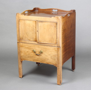 A George III mahogany tray top commode fitted a cupboard, the drawer complete with china liner 75cm x 52cm x 46cm 