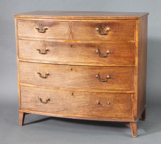 A 19th Century mahogany bow front chest of 2 short and 3 long drawers with brass swan neck drop handles, the top with crossbanded decoration, raised on square tapered supports 104cm h x 114cm w x 60cm