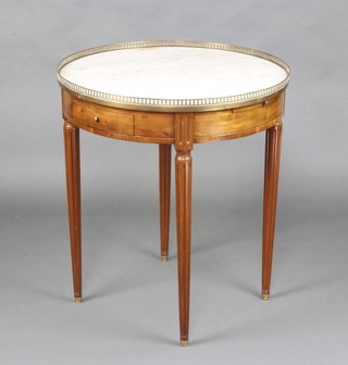 A French 19th Century circular walnut occasional table with white veined marble top and pierced brass gallery, fitted 2 drawers, 2 candle slides, raised on turned and fluted supports 73cm h x 65cm diam. 