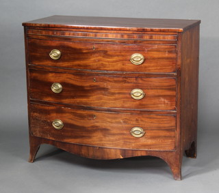 A Georgian mahogany bow front chest fitted a brushing slide above 3 long drawers, raised on bracket feet 89cm h x 100cm w x 51cm d 