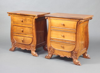 A pair of Regency style carved mahogany bedside chests of 3 long drawers on shaped supports 72cm h x 66cm w x 40cm d 