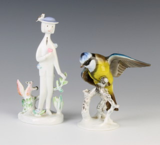A Rosenthal figure of a bluetit 11cm, a ditto of a man beside a tree with squirrel 17cm 