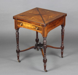 An Edwardian inlaid rosewood envelope card table fitted a drawer and raised on turned supports united by an X framed stretcher with circular undertier 73cm h x 55cm w x 55cm d 