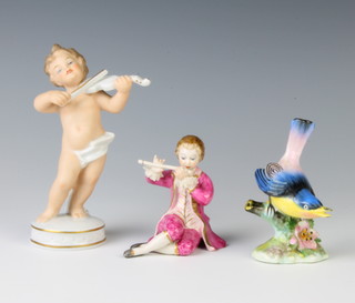 A Goebels figure of a putti playing a violin 13cm, a porcelain Royal Adderley figure of a bird 9cm and an Irish Dresden figure of Romeo 7cm 