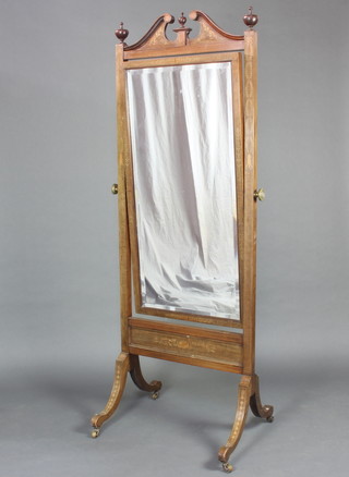 An Edwardian rectangular cheval mirror contained in an inlaid mahogany swing frame with broken pediment 196 cm x 70cm w x 58cm d 